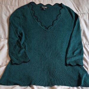Roz & Ali Teal V-Neck Sweater with Scalloped Trim